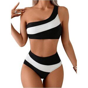 Verdusa XL Colorblock Bikini Set for Women One Shoulder High Waist Swimsuit